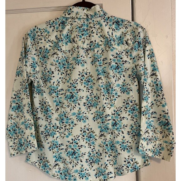 Crazy Horse Blouse Liz Claiborne Women’s S Blue Green Floral Button Up Top 3/4 - Picture 2 of 8